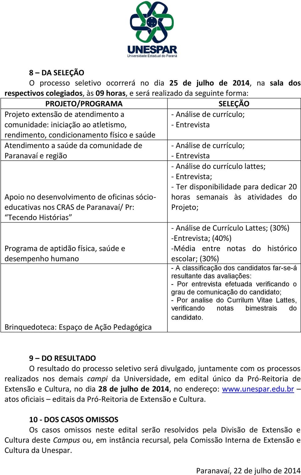 sócioeducativas nos CRAS de Paranavaí/ Pr: Tecendo Histórias Programa de aptidão física, saúde e desempenho humano Brinquedoteca: Espaço de Ação Pedagógica SELEÇÃO - Análise de currículo; -