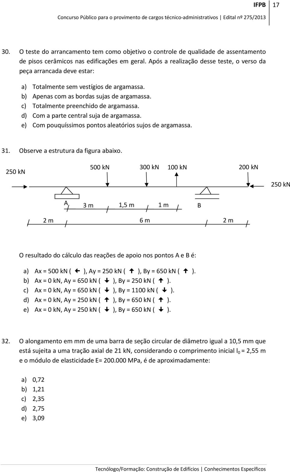 d) Com a parte central suja de argamassa. e) Com pouquíssimos pontos aleatórios sujos de argamassa. 31. Observe a estrutura da figura abaixo.