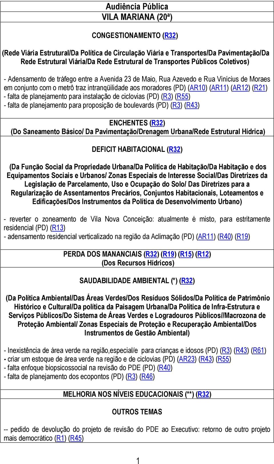 (AR12) (R21) - falta de planejamento para instalação de ciclovias (PD) (R3) (R55) - falta de planejamento para proposição de boulevards (PD) (R3) (R43) ENCHENTES (R32) (Do Saneamento Básico/ Da