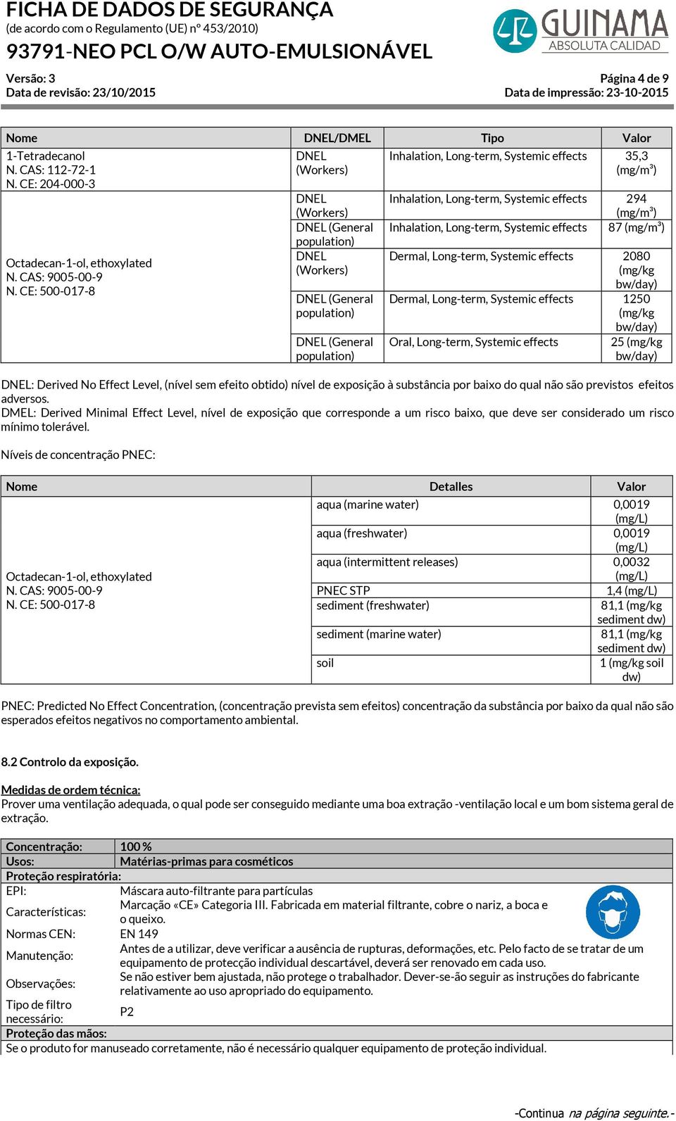 Inhalation, Long-term, Systemic effects 294 (mg/m³) Inhalation, Long-term, Systemic effects 87 (mg/m³) Dermal, Long-term, Systemic effects 2080 (mg/kg bw/day) Dermal, Long-term, Systemic effects 1250