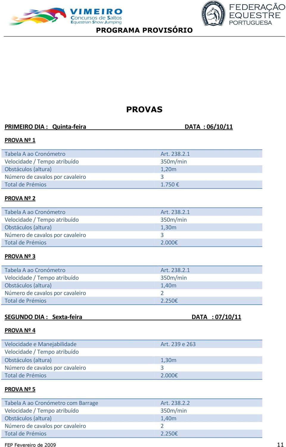 250 SEGUNDO DIA : Sexta-feira DATA : 07/10/11 PROVA Nº 4 Velocidade e Manejabilidade Art. 239 e 263 Obstáculos (altura) 1,30m Total de Prémios 2.