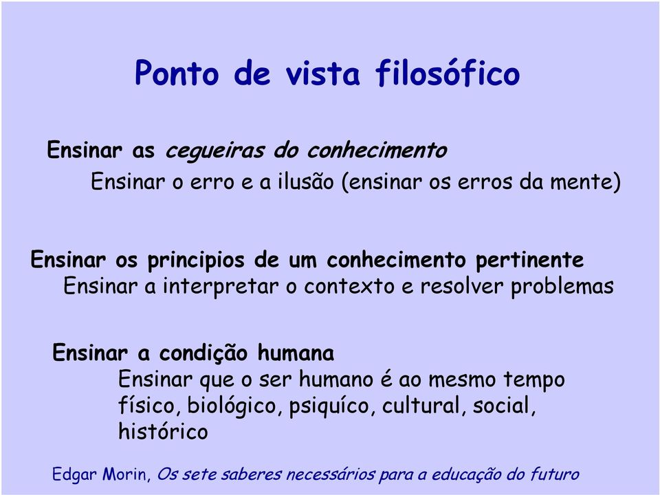 resolver problemas Ensinar a condição humana Ensinar que o ser humano é ao mesmo tempo físico,