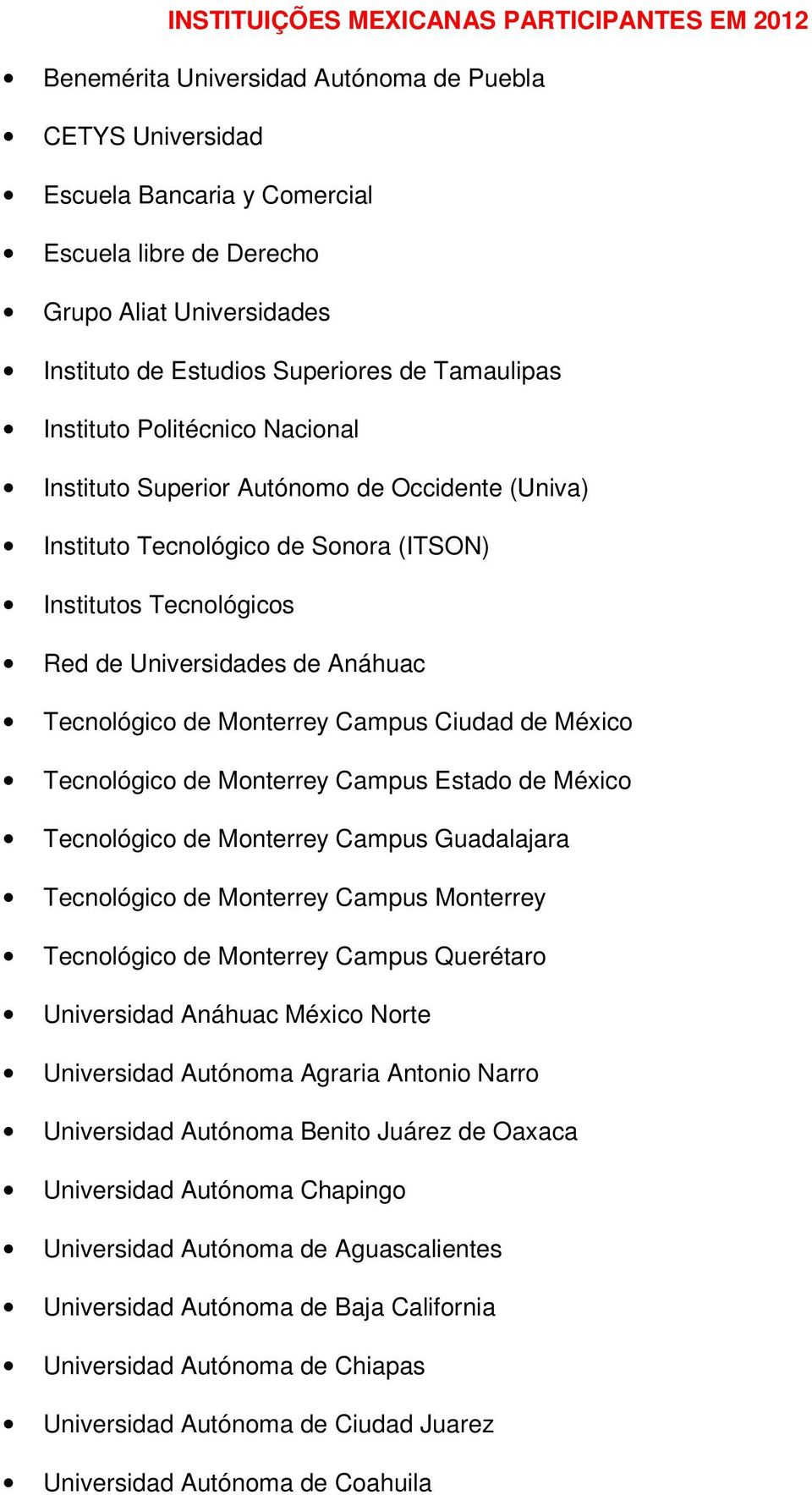 de Anáhuac Tecnológico de Monterrey Campus Ciudad de México Tecnológico de Monterrey Campus Estado de México Tecnológico de Monterrey Campus Guadalajara Tecnológico de Monterrey Campus Monterrey