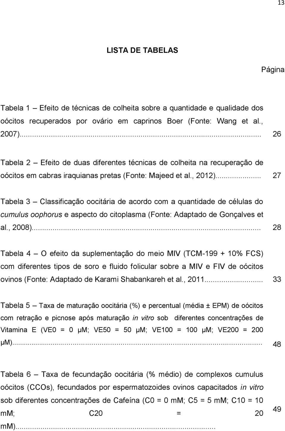 .. 27 Tabela 3 Classificação oocitária de acordo com a quantidade de células do cumulus oophorus e aspecto do citoplasma (Fonte: Adaptado de Gonçalves et al., 2008).