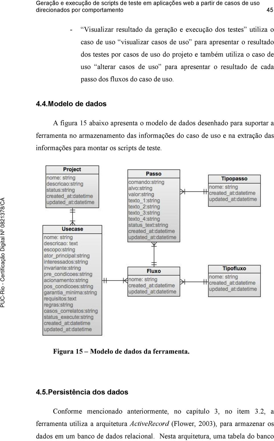 4.Modelo de dados A figura 15 abaixo apresenta o modelo de dados desenhado para suportar a ferramenta no armazenamento das informações do caso de uso e na extração das informações para montar os