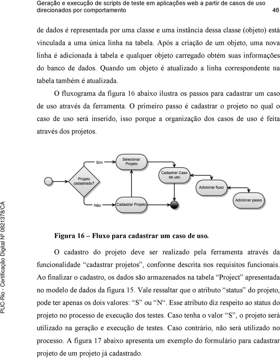 Quando um objeto é atualizado a linha correspondente na tabela também é atualizada. O fluxograma da figura 16 abaixo ilustra os passos para cadastrar um caso de uso através da ferramenta.