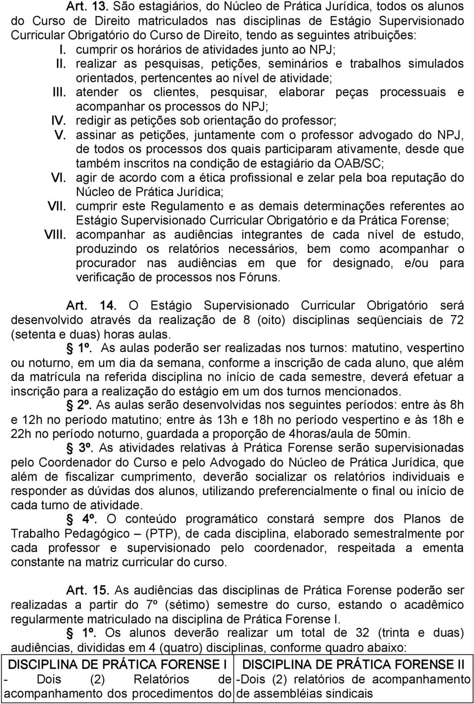 seguintes atribuições: I. cumprir os horários de atividades junto ao NPJ; II. realizar as pesquisas, petições, seminários e trabalhos simulados orientados, pertencentes ao nível de atividade; III.