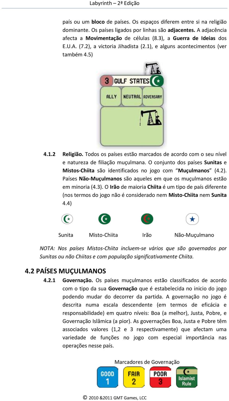 Todos os países estão marcados de acordo com o seu nível e natureza de filiação muçulmana. O conjunto dos países Sunitas e Mistos-Chiita são identificados no jogo com Muçulmanos (4.2).