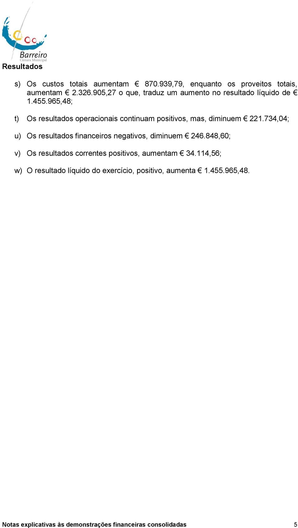 965,48; t) Os resultados operacionais continuam positivos, mas, diminuem 221.