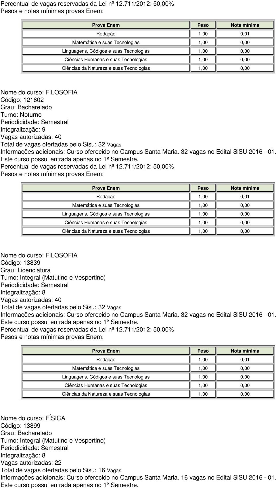 Nome do curso: FILOSOFIA Código: 13839 Grau: Licenciatura Vagas autorizadas: 40 Total de vagas ofertadas pelo Sisu: 32 Vagas Informações adicionais:  Nome do