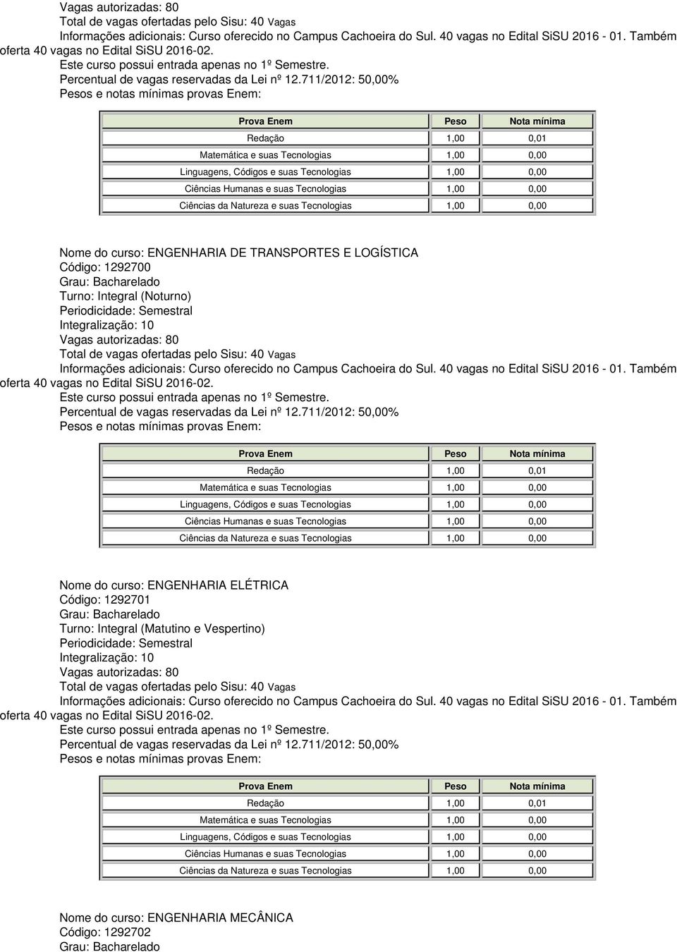 Nome do curso: ENGENHARIA ELÉTRICA Código: 1292701  Também oferta 40 vagas no Edital SiSU 2016-02. Nome do curso: ENGENHARIA MECÂNICA Código: 1292702