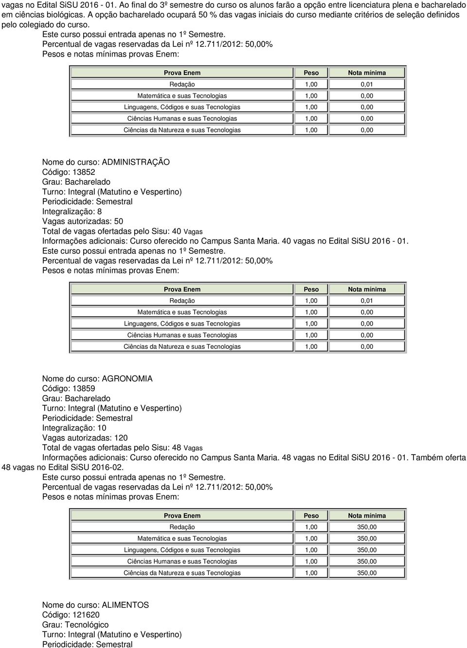 Nome do curso: ADMINISTRAÇÃO Código: 13852 Vagas autorizadas: 50 Total de vagas ofertadas pelo Sisu: 40 Vagas Informações adicionais: Curso oferecido no Campus Santa Maria.