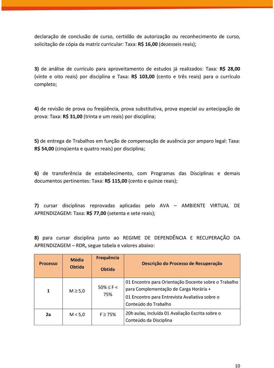 prova substitutiva, prova especial ou antecipação de prova: Taxa: R$ 31,00 (trinta e um reais) por disciplina; 5) de entrega de Trabalhos em função de compensação de ausência por amparo legal: Taxa: