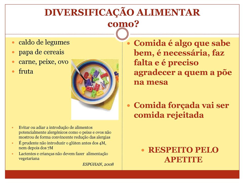 quem a põe na mesa Comida forçada vai ser comida rejeitada Evitar ou adiar a introdução de alimentos potencialmente alergénicos como