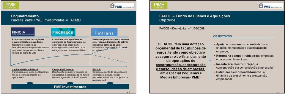 FINICIA Participação no fundo de Capital de Risco e refinanciamento de operadores Contribuir para optimizar as condições de financiamento de empresas que prossigam estratégias de crescimento e de