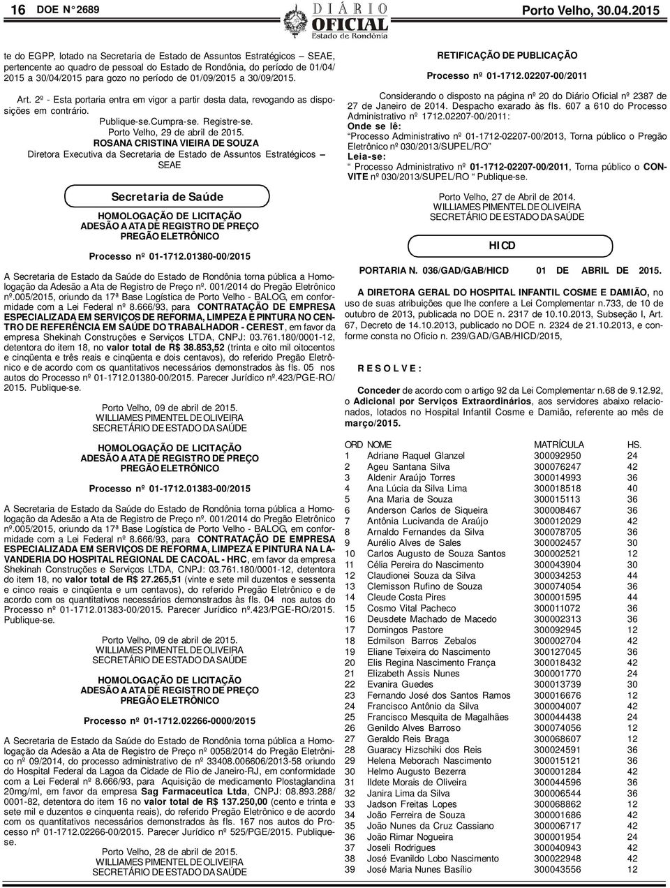 01/09/2015 a 30/09/2015. RETIFICAÇÃO DE PUBLICAÇÃO Processo nº 01-1712.02207-00/2011 Art. 2º - Esta portaria entra em vigor a partir desta data, revogando as disposições em contrário. Publique-se.