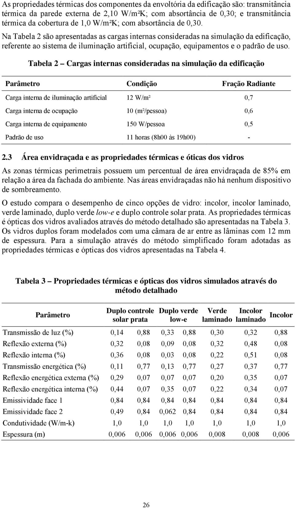 Na Tabela 2 são apresentadas as cargas internas consideradas na simulação da edificação, referente ao sistema de iluminação artificial, ocupação, equipamentos e o padrão de uso.