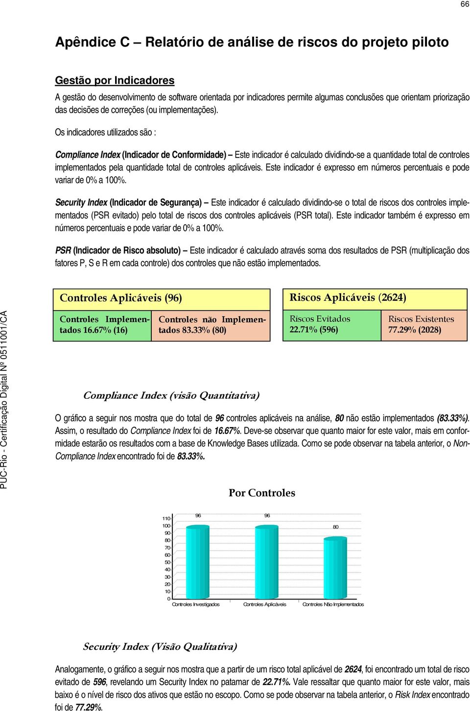 Os indicadores utilizados são : Compliance Index (Indicador de Conformidade) Este indicador é calculado dividindo-se a quantidade total de controles implementados pela quantidade total de controles