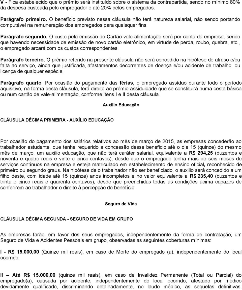 O custo pela emissão do Cartão vale-alimentação será por conta da empresa, sendo que havendo necessidade de emissão de novo cartão eletrônico, em virtude de perda, roubo, quebra, etc.