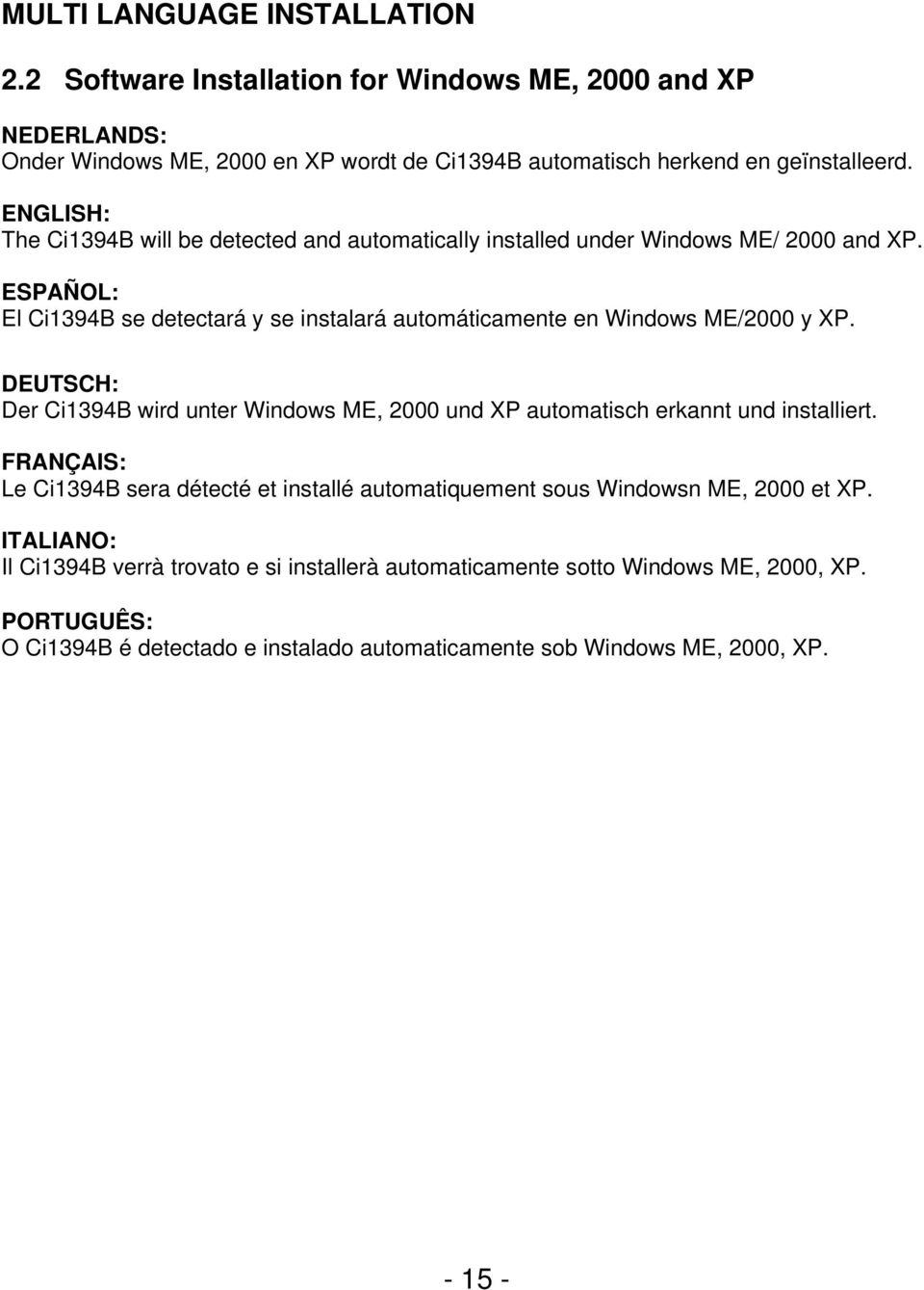 ESPAÑOL: El Ci1394B se detectará y se instalará automáticamente en Windows ME/2000 y XP.