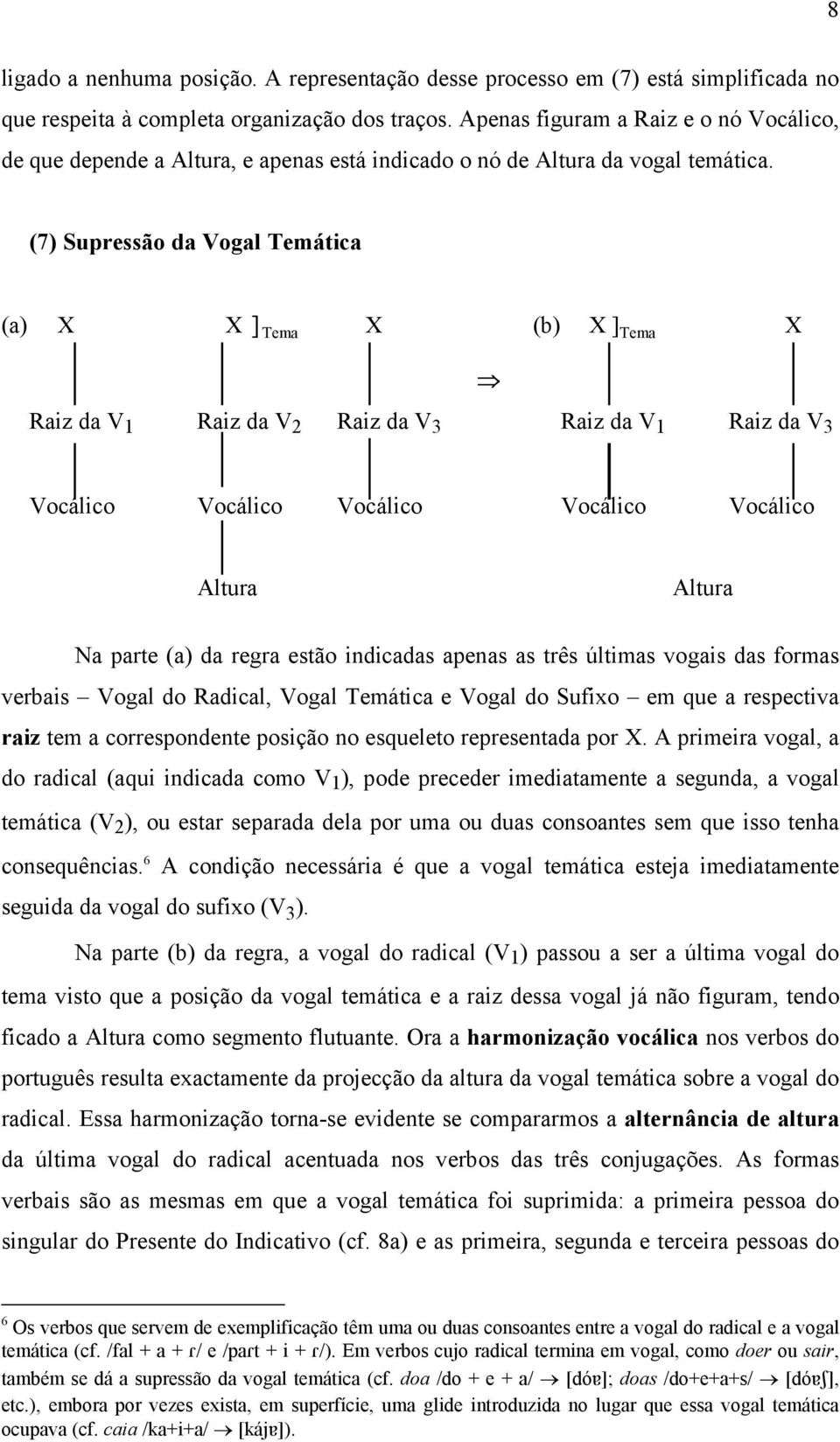 (7) Supressão da Vogal Temática (a) X X ] Tema X (b) X ] Tema X Raiz da V 1 Raiz da V 2 Raiz da V 3 Raiz da V 1 Raiz da V 3 Vocálico Vocálico Vocálico Vocálico Vocálico Altura Altura Na parte (a) da