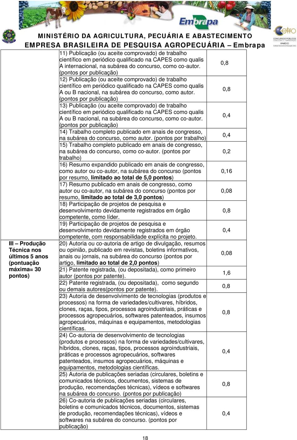 (pontos por publicação) 13) Publicação (ou aceite comprovado) de trabalho científico em periódico qualificado na CAPES como qualis 0,4 A ou B nacional, na subárea do concurso, como co-autor.