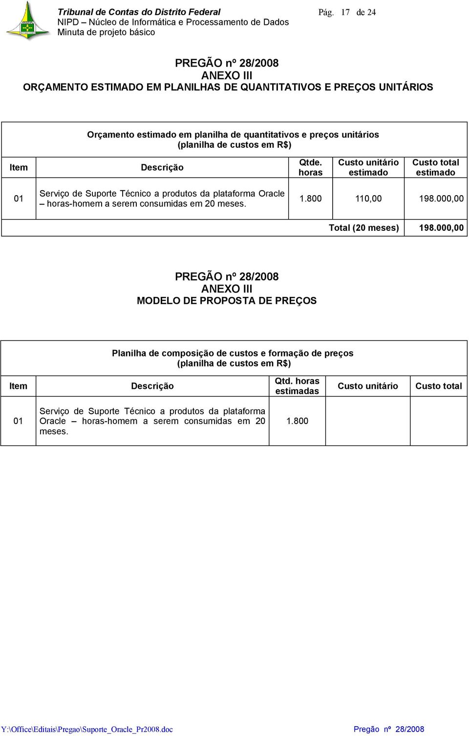 R$) Item Descrição Qtde. horas Custo unitário estimado Custo total estimado 01 Serviço de Suporte Técnico a produtos da plataforma Oracle horas-homem a serem consumidas em 20 meses. 1.