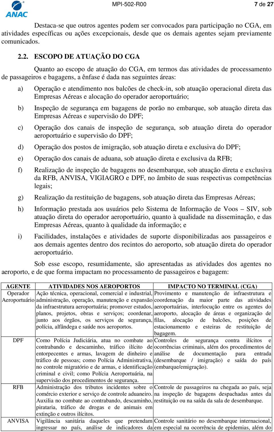 2. ESCOPO DE ATUAÇÃO DO CGA Quanto ao escopo de atuação do CGA, em termos das atividades de processamento de passageiros e bagagens, a ênfase é dada nas seguintes áreas: a) Operação e atendimento nos