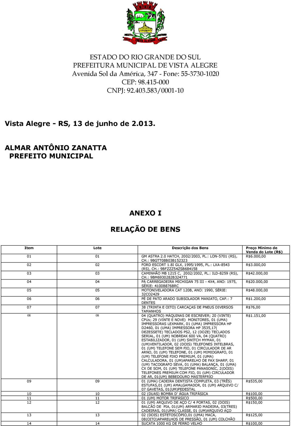 : 9BFZZZ54ZSB684158 03 03 CAMINHÃO MB 1215 C, 2002/2002, PL.: ILD-8259 (RS), R$42.000,00 CH.: 9BM6930282B324771 04 04 PÁ CARREGADEIRA MICHIGAN 75 III - 4X4, ANO: 1975, R$20.