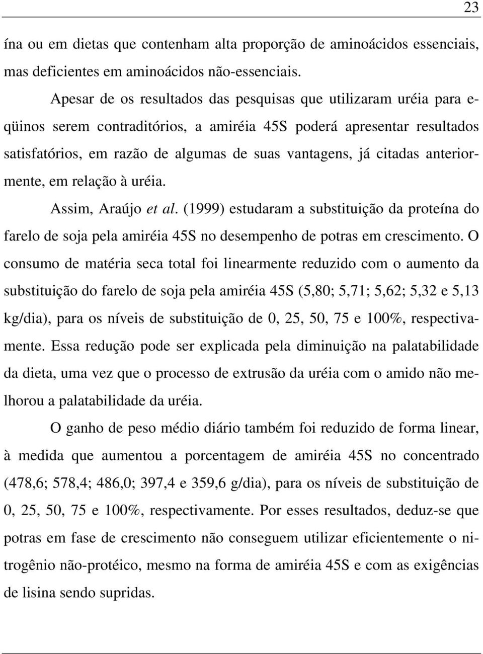 citadas anteriormente, em relação à uréia. Assim, Araújo et al. (1999) estudaram a substituição da proteína do farelo de soja pela amiréia 45S no desempenho de potras em crescimento.