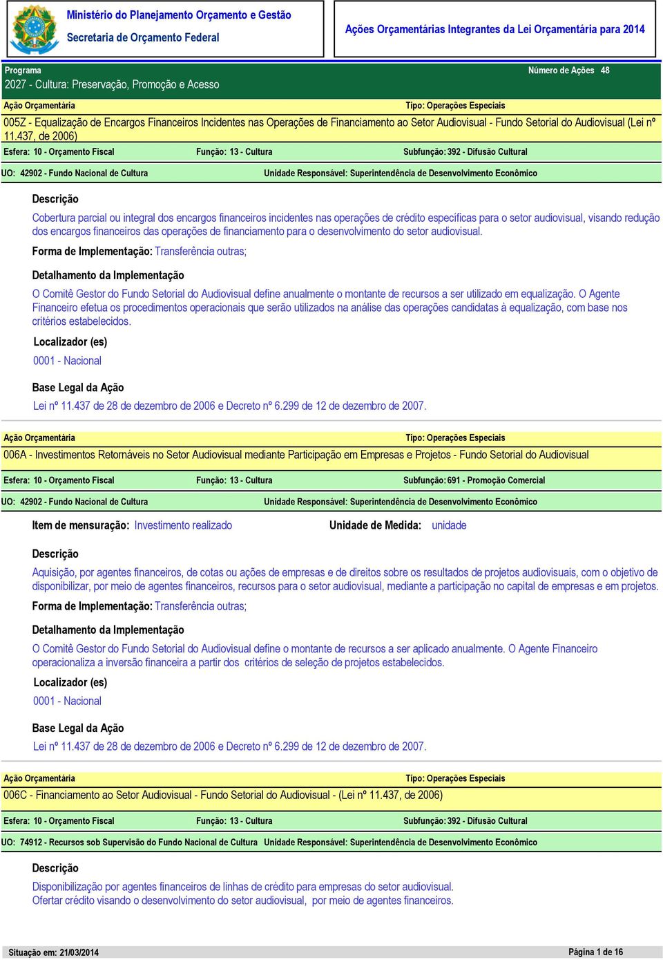 437, de 2006) Esfera: 10 - Orçamento Fiscal Função: 13 - Cultura Subfunção: 392 - Difusão Cultural UO: 42902 - Fundo Nacional de Cultura Unidade Responsável: Superintendência de Desenvolvimento