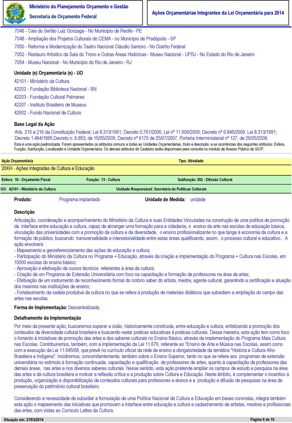 do Rio de Janeiro - RJ Unidade (s) Orçamentária (s) - UO 42101 - Ministério da Cultura 42202 - Fundação Biblioteca Nacional - BN 42203 - Fundação Cultural Palmares 42207 - Instituto Brasileiro de