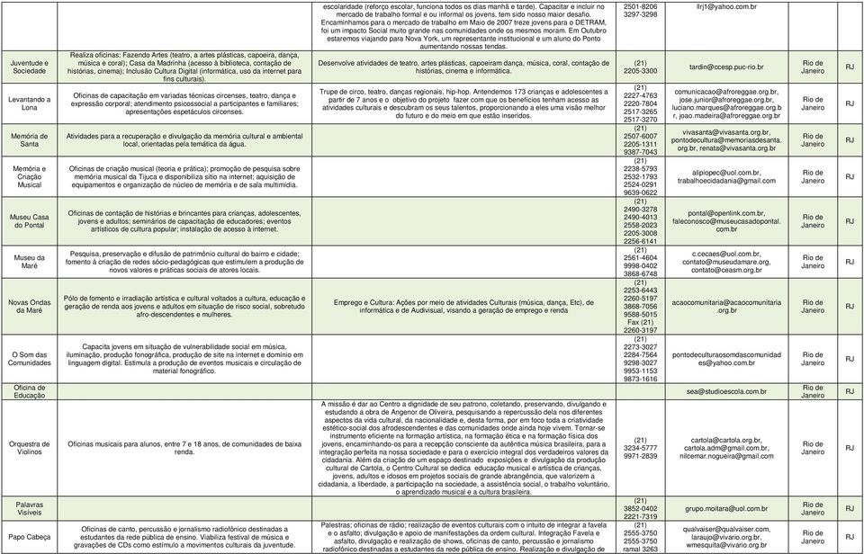 Oficinas de capacitação em variadas técnicas circenses, teatro, dança e expressão corporal; atendimento psicossocial a participantes e familiares; apresentações espetáculos circenses.