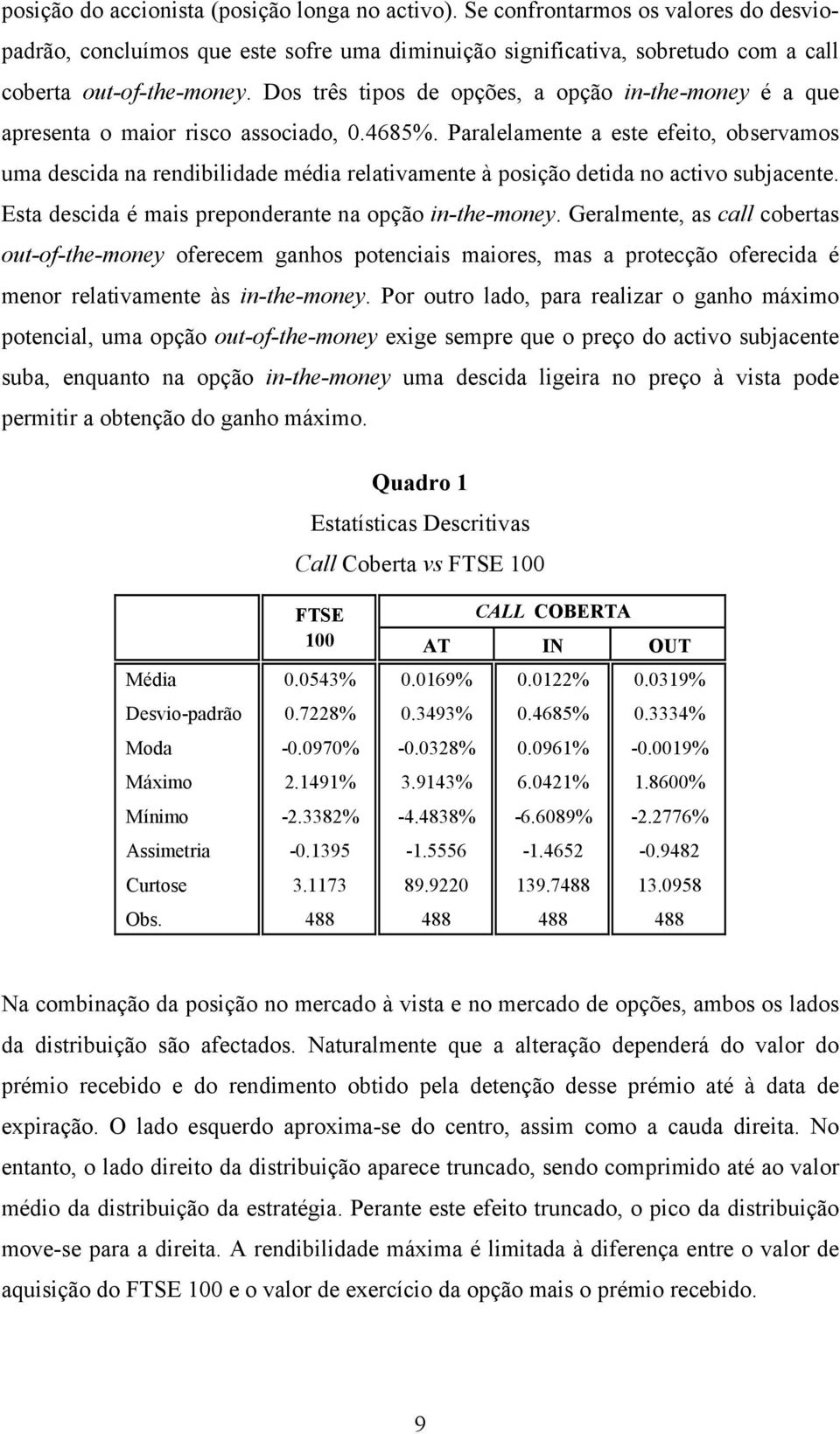 Paralelamente a este efeito, observamos uma descida na rendibilidade média relativamente à osição detida no activo subjacente. Esta descida é mais reonderante na oção in-the-money.