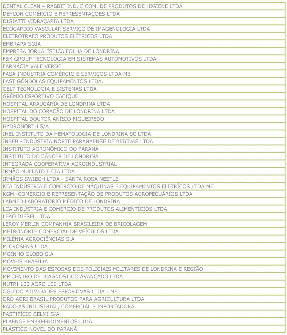 JORNALÍSTICA FOLHA DE LONDRINA F&K GROUP TECNOLOGIA EM SISTEMAS AUTOMOTIVOS LTDA FARMÁCIA VALE VERDE FASA INDÚSTRIA COMÉRCIO E SERVIÇOS LTDA ME FAST GÔNDOLAS EQUIPAMENTOS LTDA.
