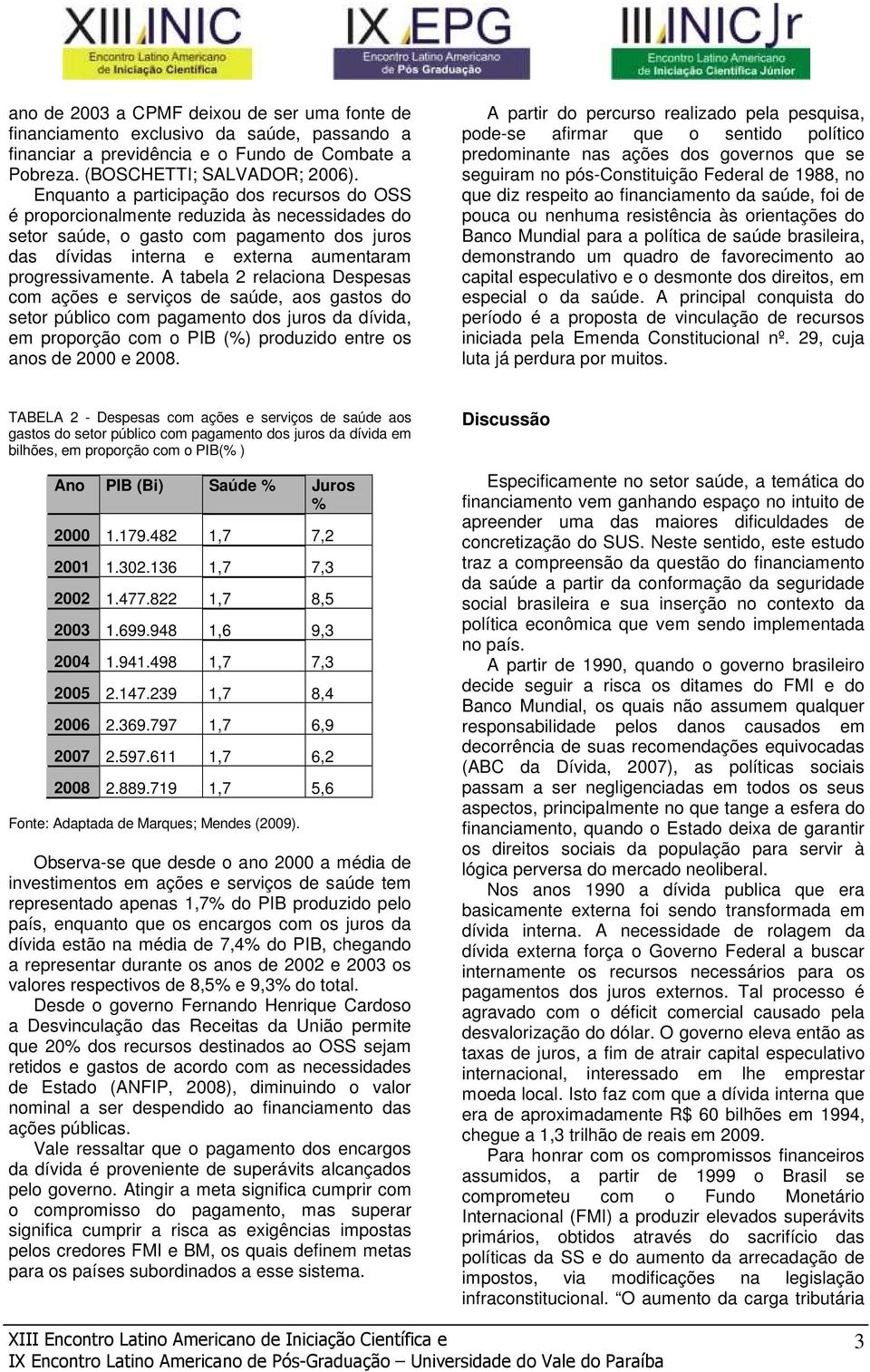 A tabela 2 relaciona Despesas com ações e serviços de saúde, aos gastos do setor público com pagamento dos juros da dívida, em proporção com o PIB (%) produzido entre os anos de 2000 e 2008.