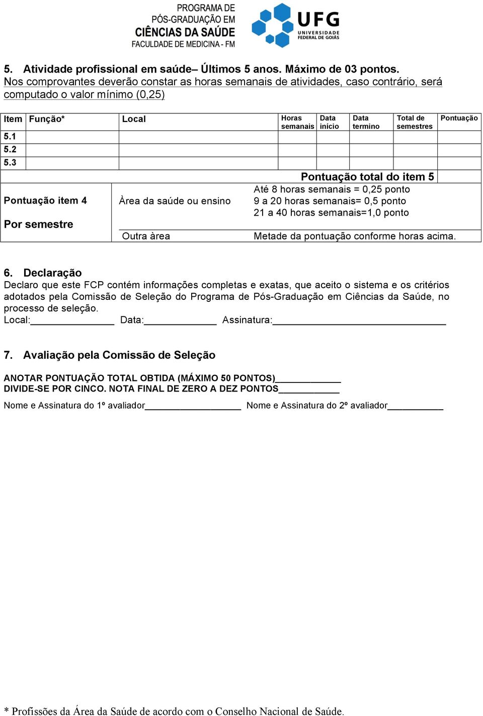 3 Pontuação item 4 Por semestre Àrea da saúde ou ensino Outra àrea Data início Data termino Total de semestres Pontuação total do item 5 Até 8 horas semanais = 0,25 ponto 9 a 20 horas semanais= 0,5