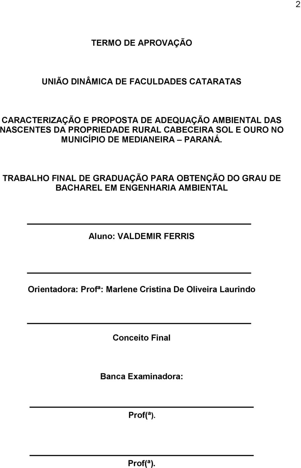 TRABALHO FINAL DE GRADUAÇÃO PARA OBTENÇÃO DO GRAU DE BACHAREL EM ENGENHARIA AMBIENTAL Aluno: VALDEMIR