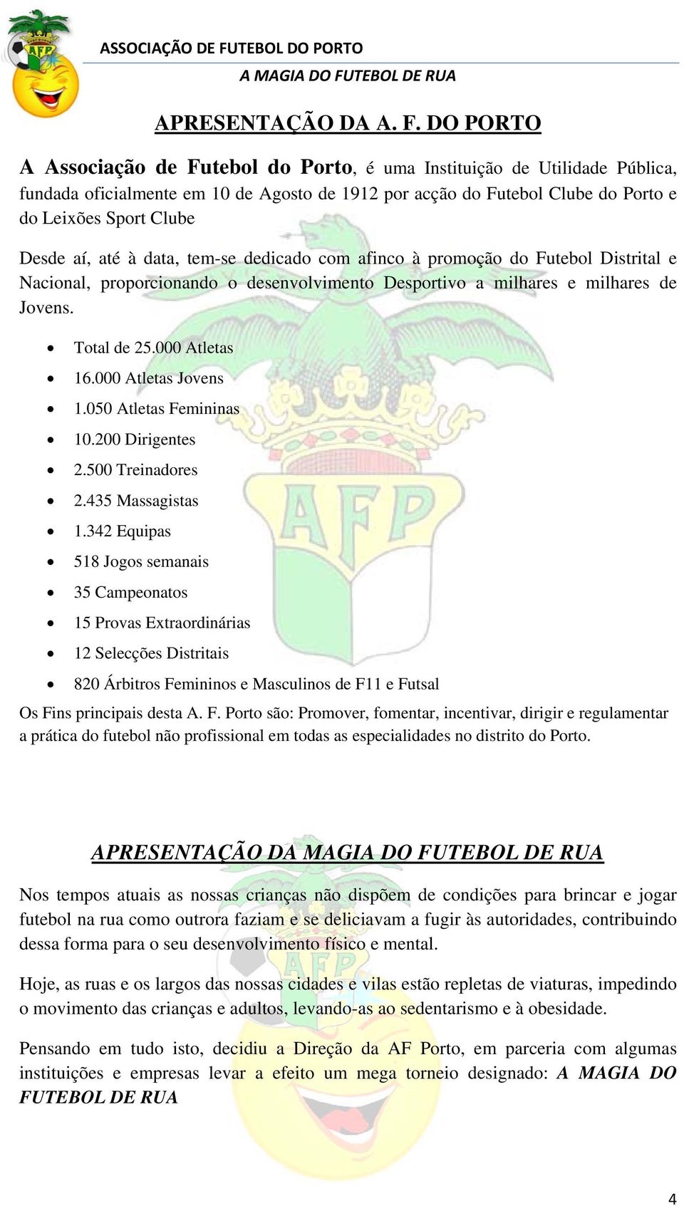 até à data, tem-se dedicado com afinco à promoção do Futebol Distrital e Nacional, proporcionando o desenvolvimento Desportivo a milhares e milhares de Jovens. Total de 25.000 Atletas 16.