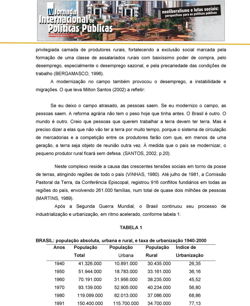 O que leva Milton Santos (2002) a refletir: Se eu deixo o campo atrasado, as pessoas saem. Se eu modernizo o campo, as pessoas saem. A reforma agrária não tem o peso hoje que tinha antes.