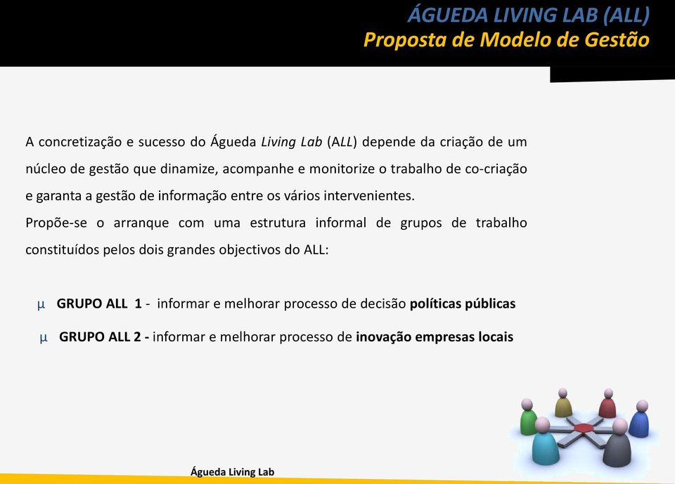 Propõe-se o arranque com uma estrutura informal de grupos de trabalho constituídos pelos dois grandes objectivos do ALL: µ