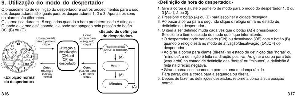 <Exibição normal do despertador> Coroa puxada para o primeiro clique Coroa retorna à posição normal Ativaçâo e desativaçâo (ON and OF) do despertador Coroa puxada para o segundo clique Coroa puxada