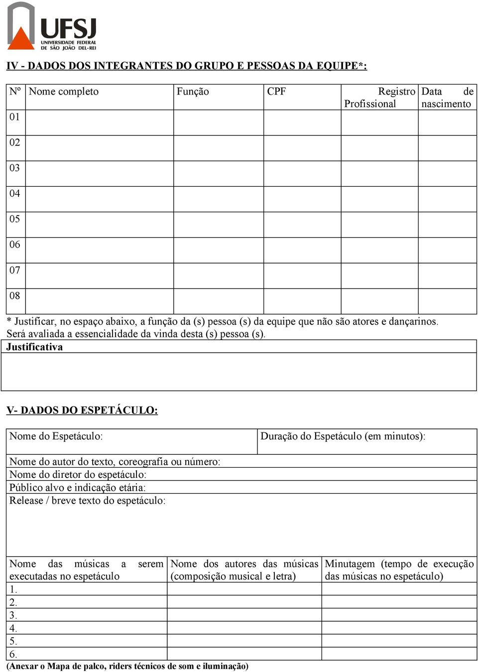 Justificativa V- DADOS DO ESPETÁCULO: Nome do Espetáculo: Duração do Espetáculo (em minutos): Nome do autor do texto, coreografia ou número: Nome do diretor do espetáculo: Público alvo e indicação