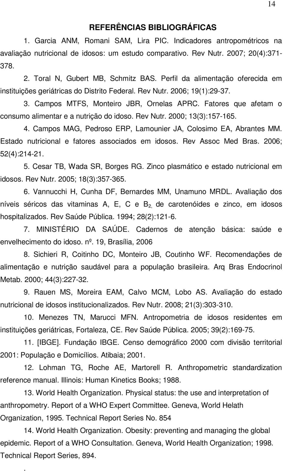 Fatores que afetam o consumo alimentar e a nutrição do idoso. Rev Nutr. 2000; 13(3):157-165. 4. Campos MAG, Pedroso ERP, Lamounier JA, Colosimo EA, Abrantes MM.