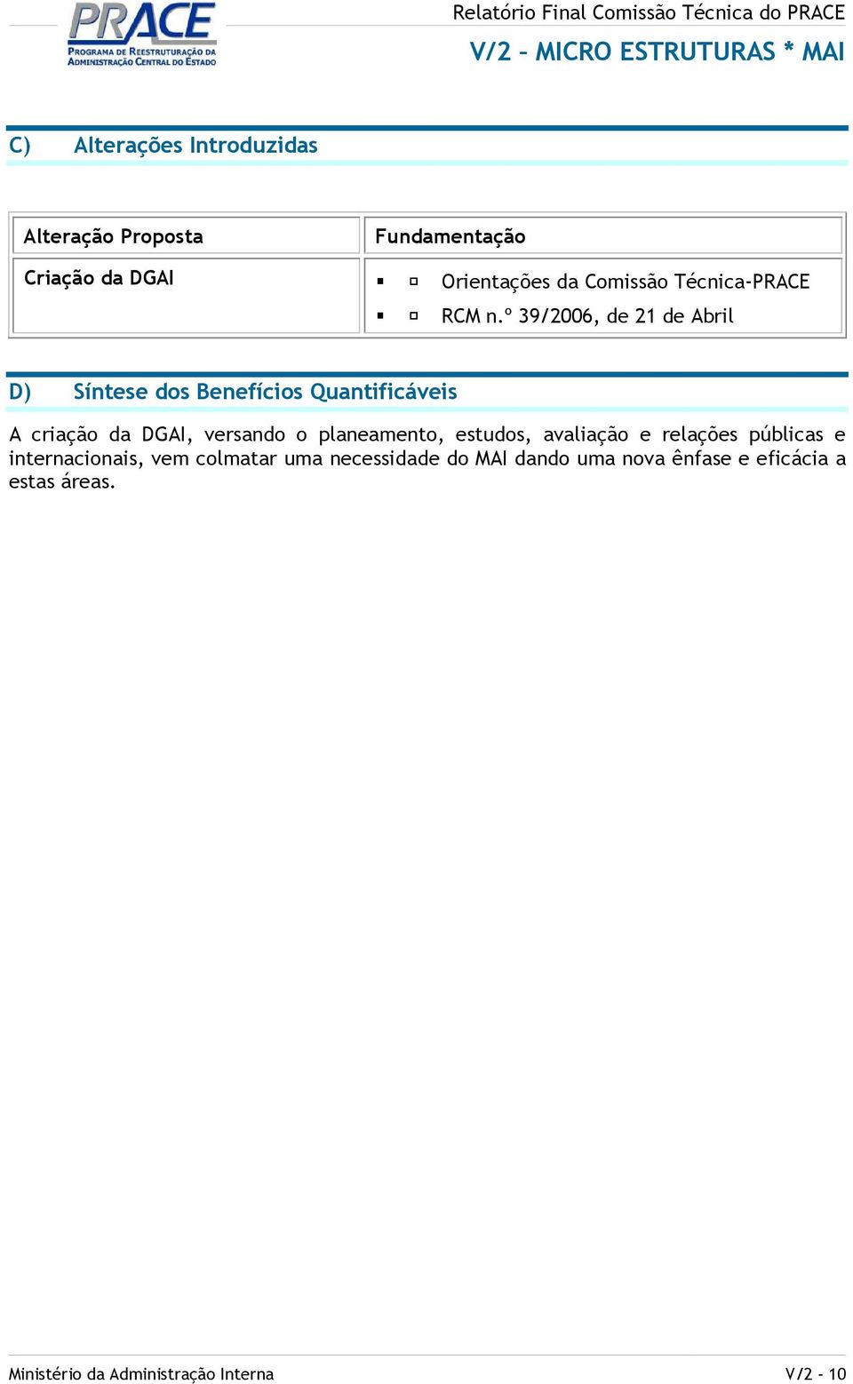 º 39/2006, de 21 de Abril D) Síntese dos Benefícios Quantificáveis A criação da DGAI, versando o