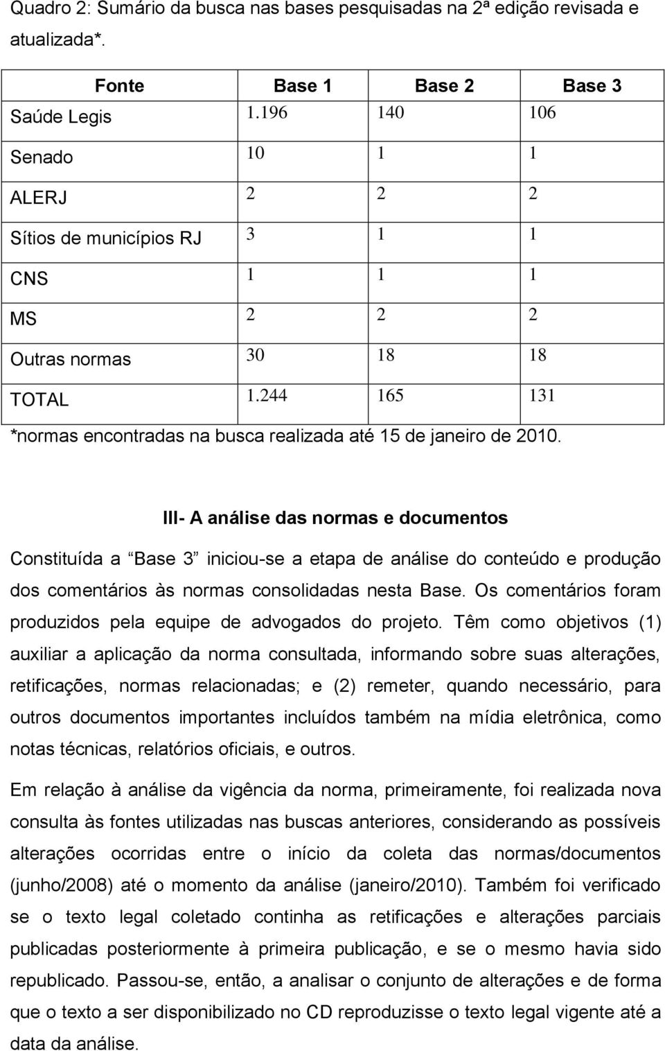 III- A análise das normas e documentos Constituída a Base 3 iniciou-se a etapa de análise do conteúdo e produção dos comentários às normas consolidadas nesta Base.