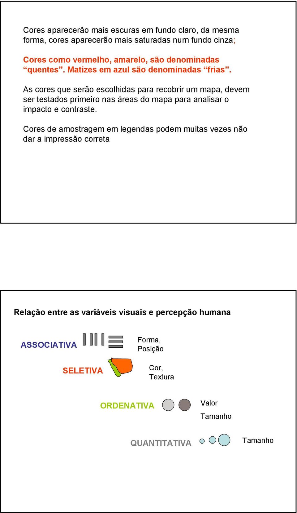 As cores que serão escolhidas para recobrir um mapa, devem ser testados primeiro nas áreas do mapa para analisar o impacto e contraste.