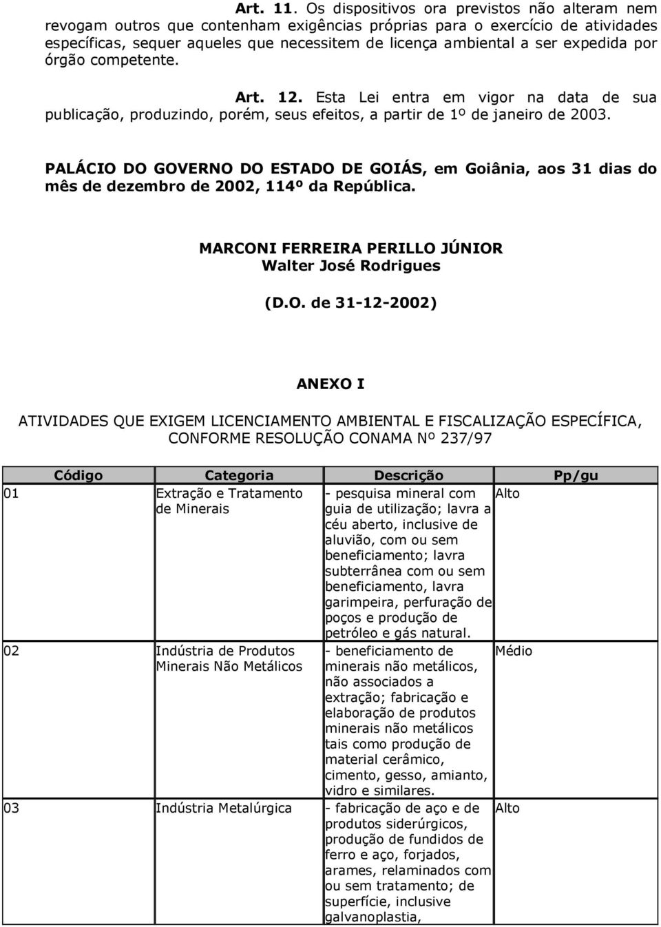 expedida por órgão competente. Art. 12. Esta Lei entra em vigor na data de sua publicação, produzindo, porém, seus efeitos, a partir de 1º de janeiro de 2003.