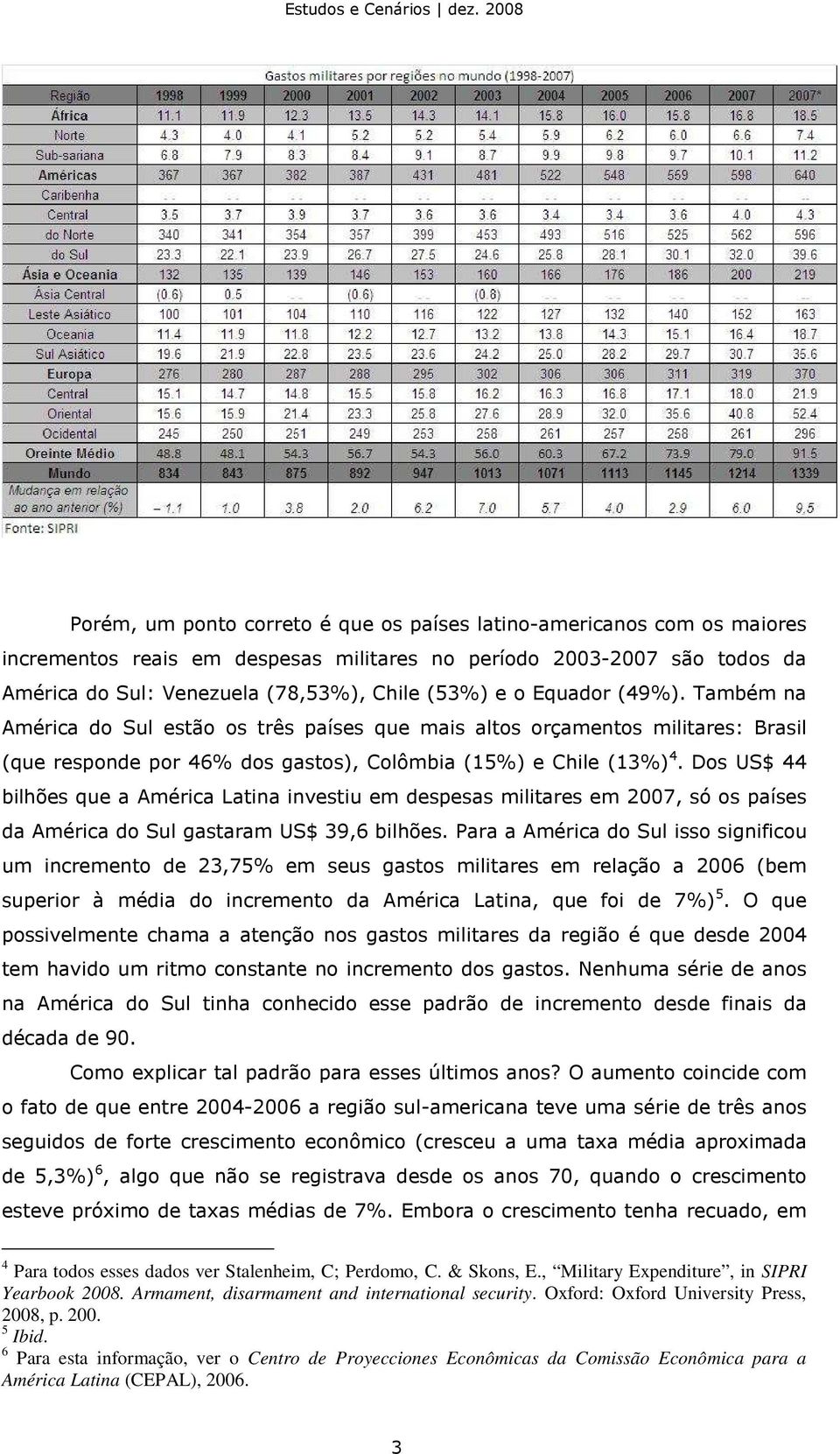 Dos US$ 44 bilhões que a América Latina investiu em despesas militares em 2007, só os países da América do Sul gastaram US$ 39,6 bilhões.