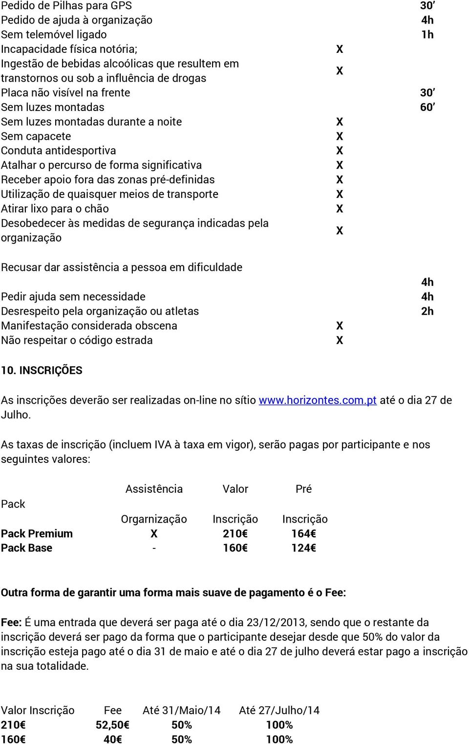 zonas pré-definidas Utilização de quaisquer meios de transporte Atirar lixo para o chão Desobedecer às medidas de segurança indicadas pela organização Recusar dar assistência a pessoa em dificuldade